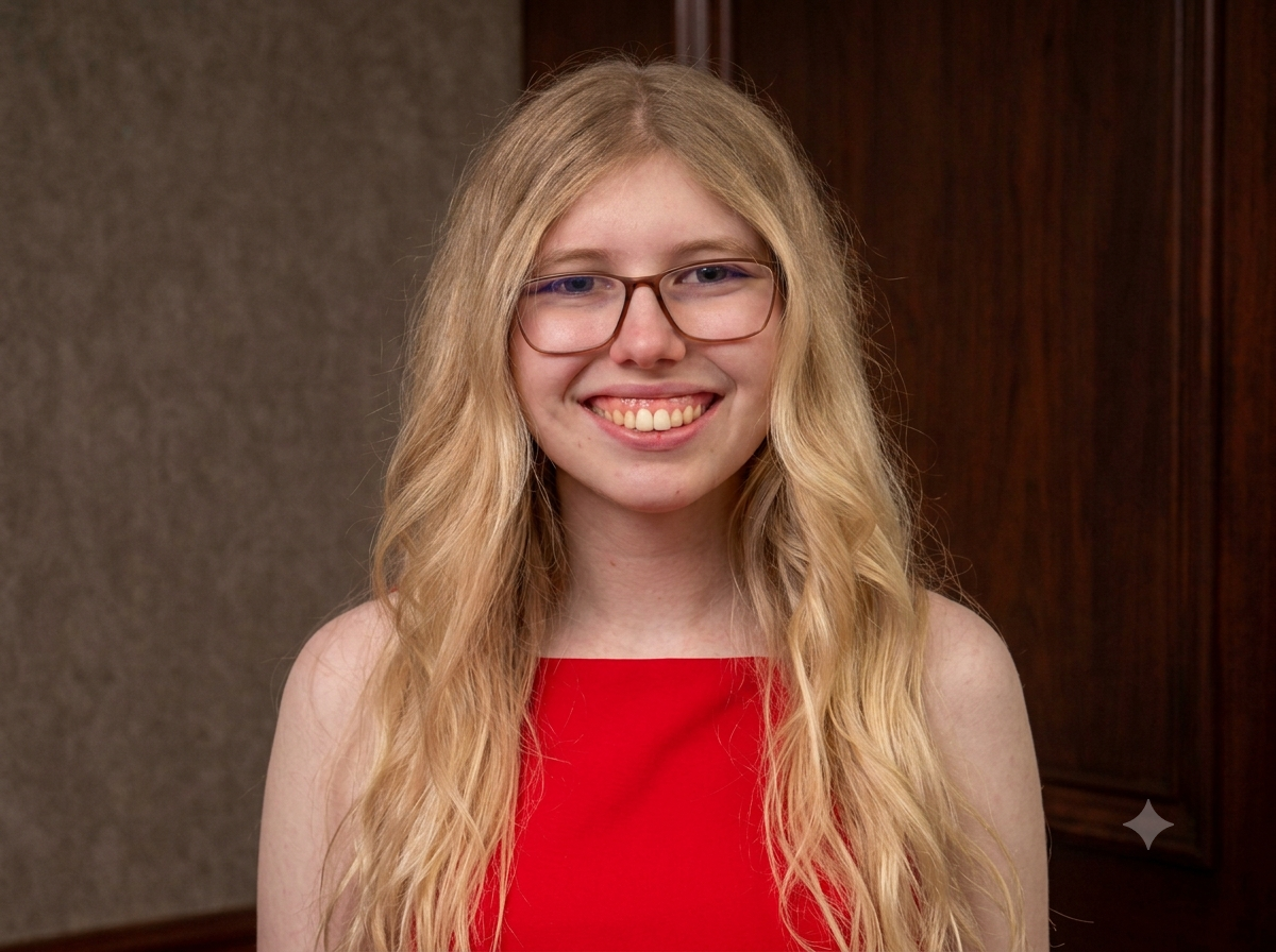 a white woman with blonde hair and glasses wearing a red dress 