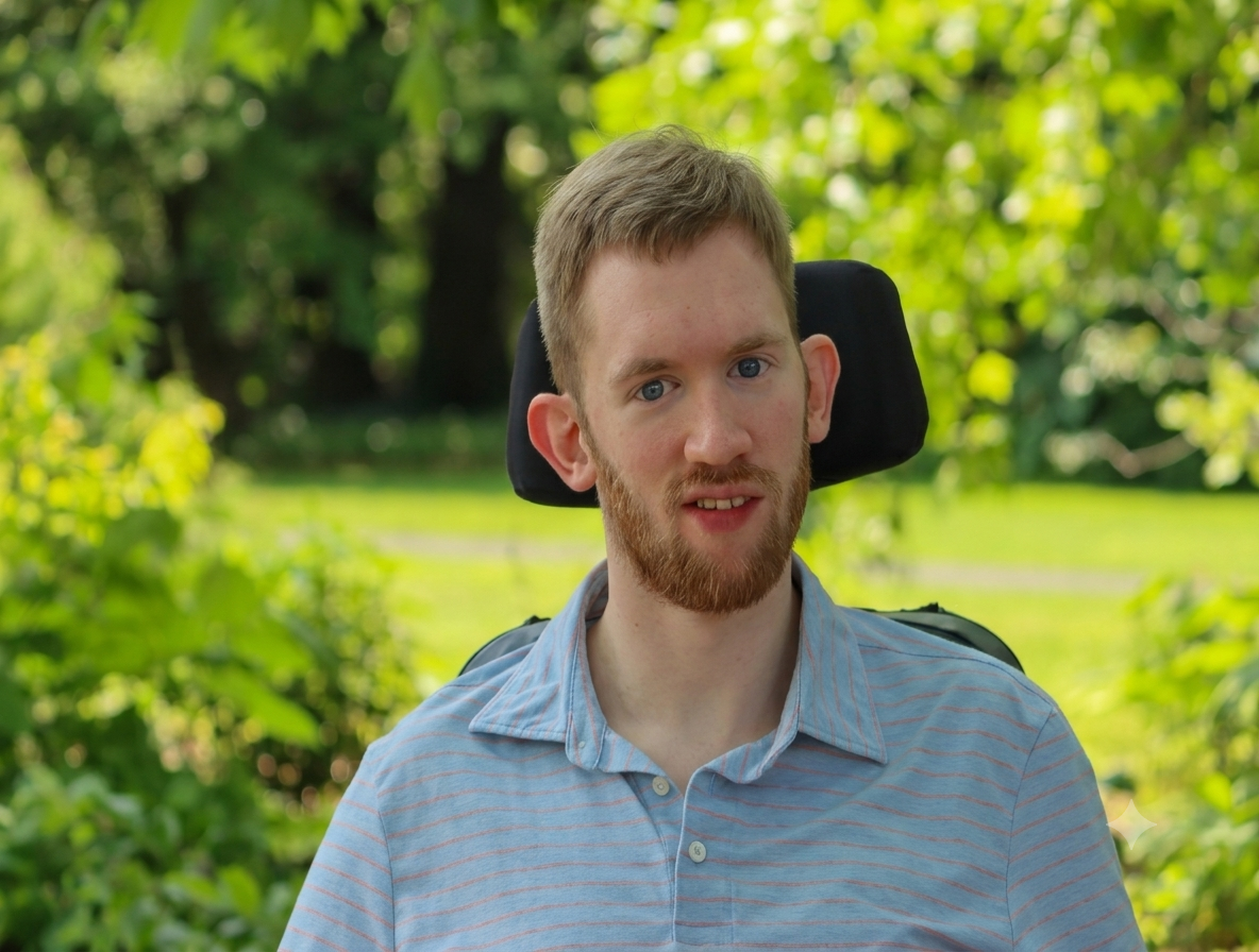 A white man with short dirty blonde hair and a beard, wearing a light blue striped polo shirt and seated in a power wheelchair, smiles at the camera, with green trees in the background.