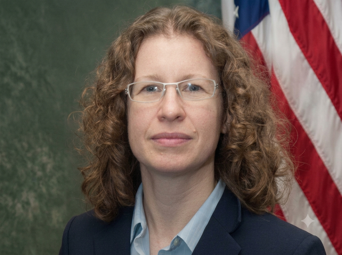 a white woman with shoulder length curly brown hair and glasses wearing a blue suit sitting in front of a United States flag 